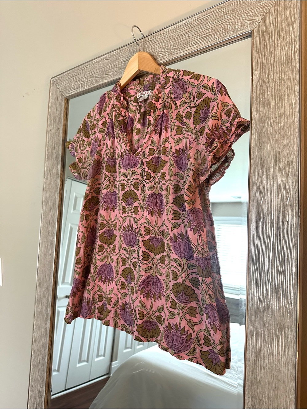 Banjanan Pink Floral Short Sleeve Cotton Loose Blouse Size Medium